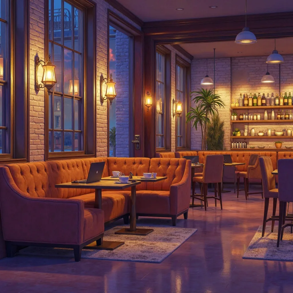 Stylized in-game background: coffee shop at evening, Love Dynasty